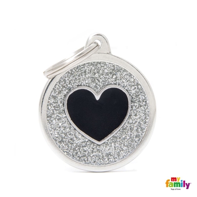 Myfamily Shine Grey Glitter Black Heart Circle Nametag