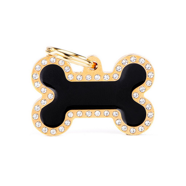 My Family Glam Big Bone Black and Gold ID Tag with Rhinestones