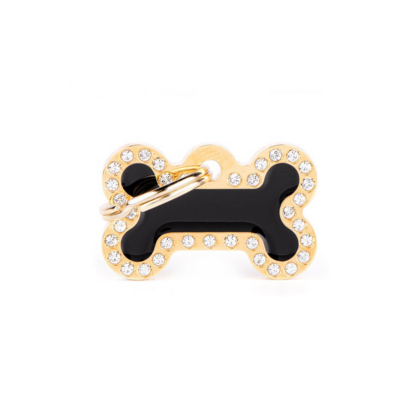 My Family Glam Small Bone Black and Gold ID Tag with Rhinestones