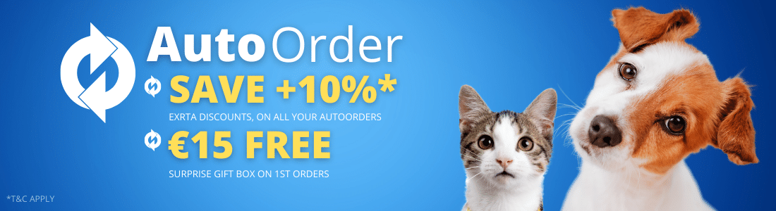 two pets next to text auto order extra 10% discount and 15 euro gift box