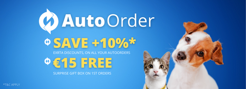 two pets next to text auto order extra 10% discount and 15 euro gift box