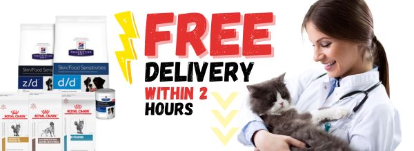 Banner showing that Lightning Delivery is FREE On Vet Diets for Delivery on certain post codes in Limassol and Nicosia.
