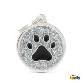 Myfamily Shine Grey Glitter Black Paw Circle Nametag