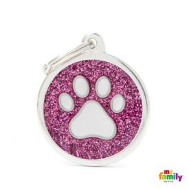 image of Myfamily Shine Pink Glitter White Paw Circle Nametag